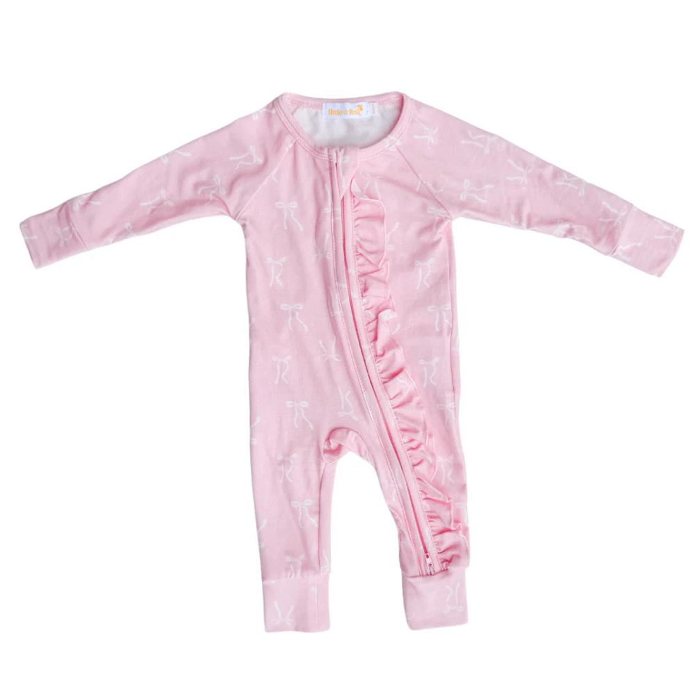 LITTLE AND FERN WHITE BOWS FRILL ZIP ROMPER