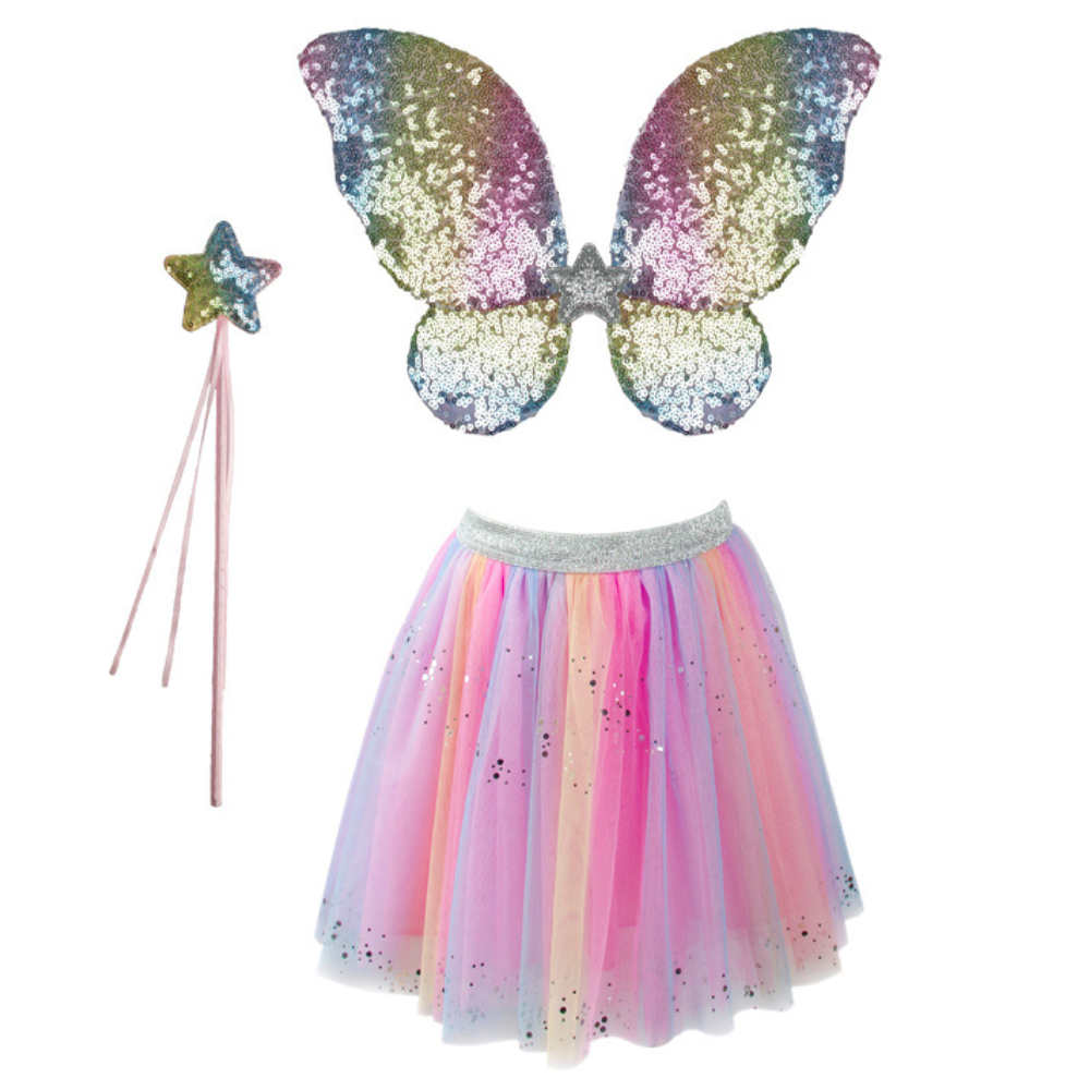 GREAT PRETENDER RAINBOW SEQUINS SKIRT WITH WINGS AND WAND SIZE 4-6