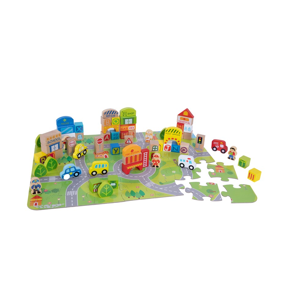 FAT BRAIN TOYS MY TOWN WOODEN BLOCK SET