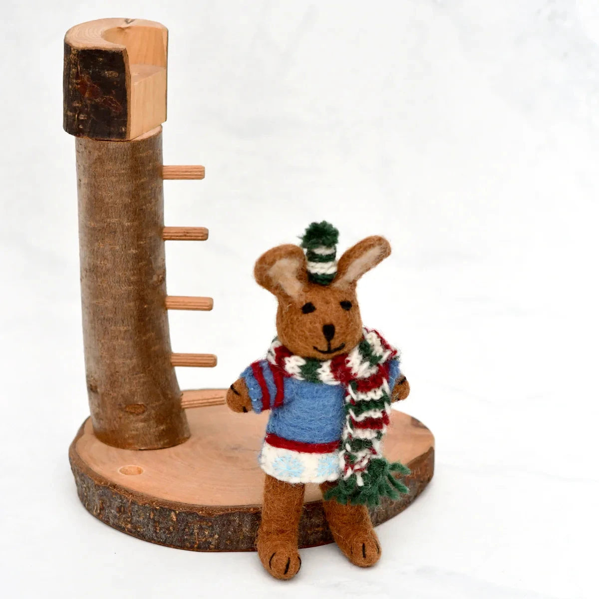 TARA TREASURES FELT BROWN HARE RABBIT WITH BLUE SWEATER
