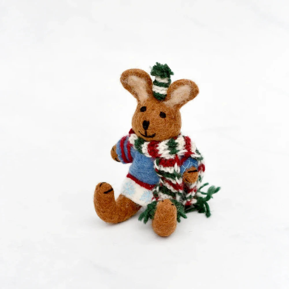TARA TREASURES FELT BROWN HARE RABBIT WITH BLUE SWEATER