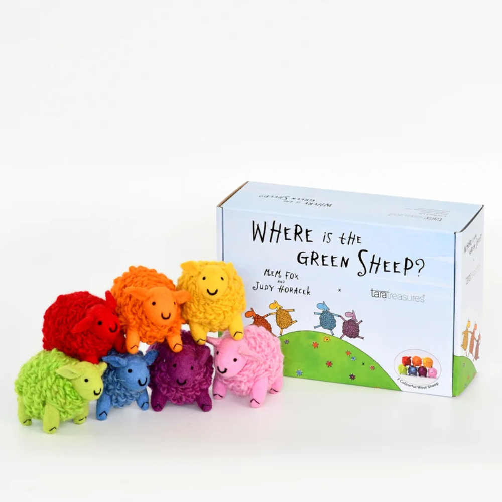 TARA TREASURES FELT GREEN SHEEP SET OF 7