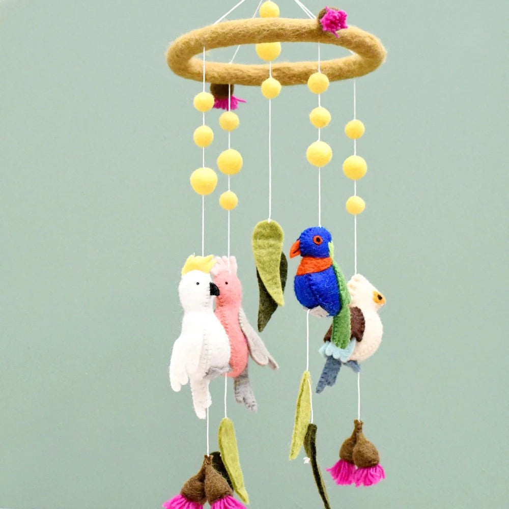 TARA TREASURES FELT BABY COT MOBILE HANGING AUSTRALIAN BIRDS