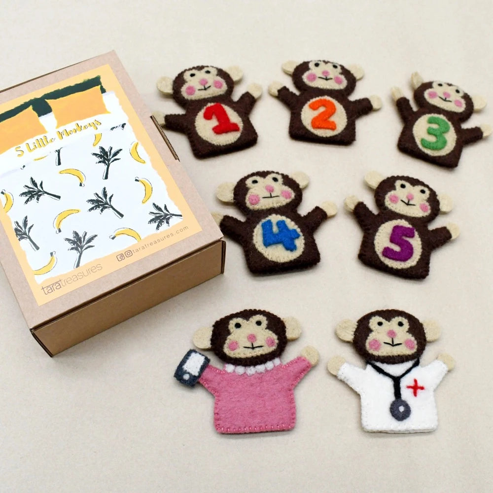TARA TREASURES FELT FINGER PUPPET SET 5 LITTLE MONKEYS