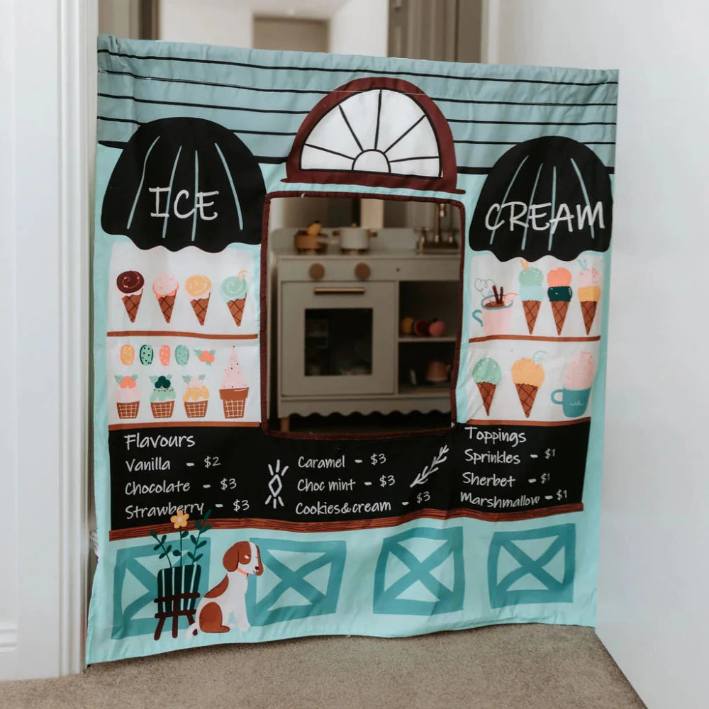 THE COZY CUBE PLAY PANELS REVERSIBLE ICE CREAM SHOP AND FARMERS MARKET