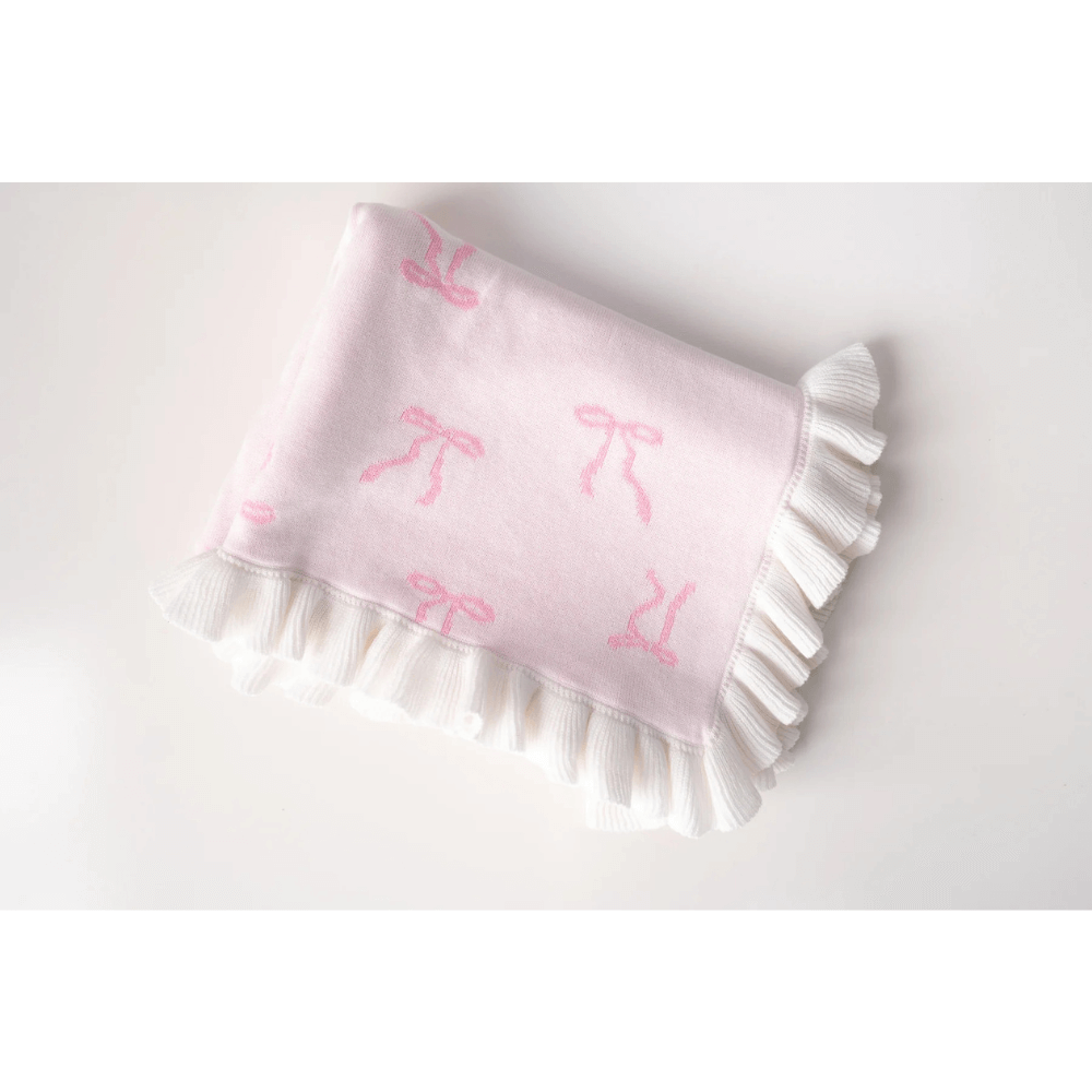 LITTLE AND FERN FRILL KNIT BLANKET PINK BOWS