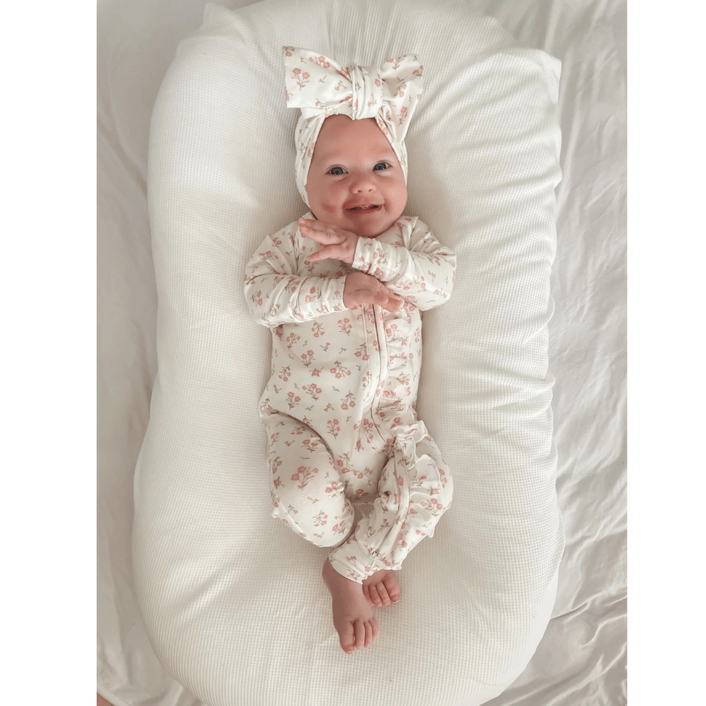 LITTLE AND FERN PAISLEY PEONY FRILL ZIP ROMPER