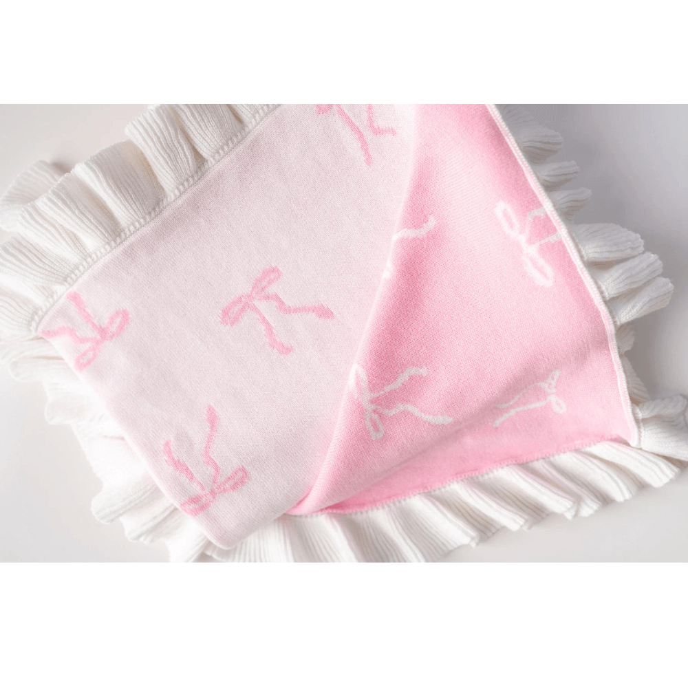 LITTLE AND FERN FRILL KNIT BLANKET PINK BOWS