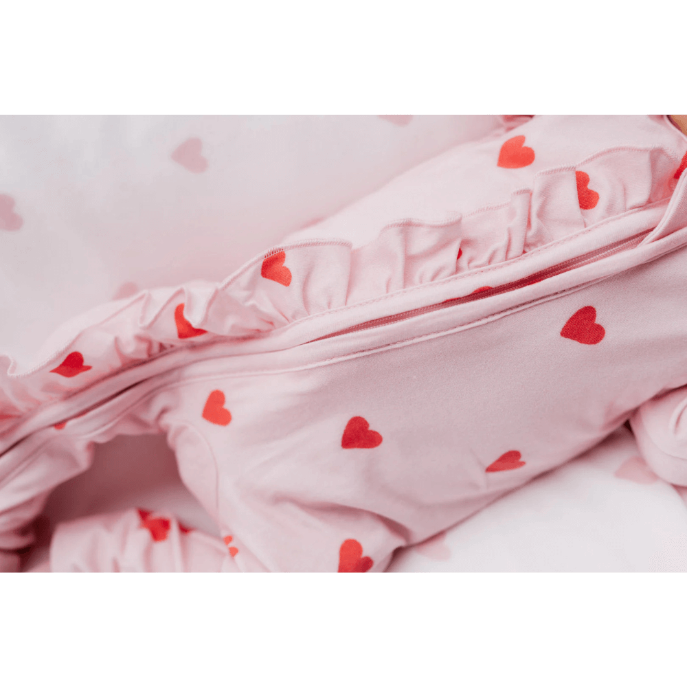 LITTLE AND FERN RED HEARTS FRILL ZIP ROMPER