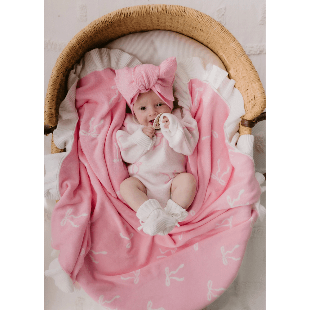 LITTLE AND FERN FRILL KNIT BLANKET PINK BOWS