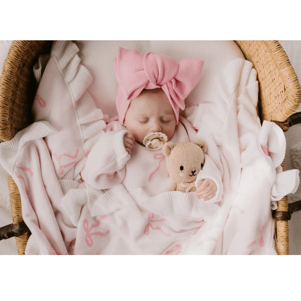 LITTLE AND FERN FRILL KNIT BLANKET PINK BOWS