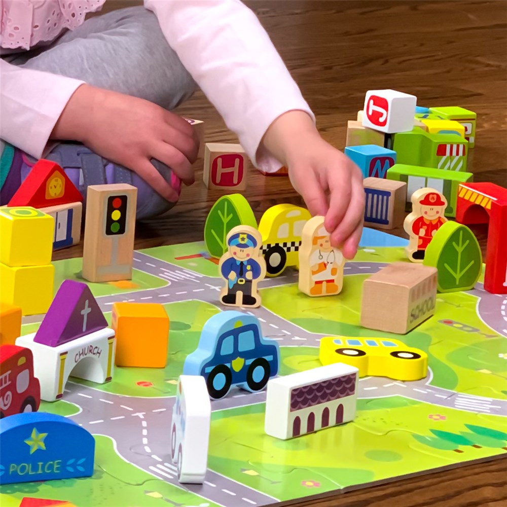 FAT BRAIN TOYS MY TOWN WOODEN BLOCK SET
