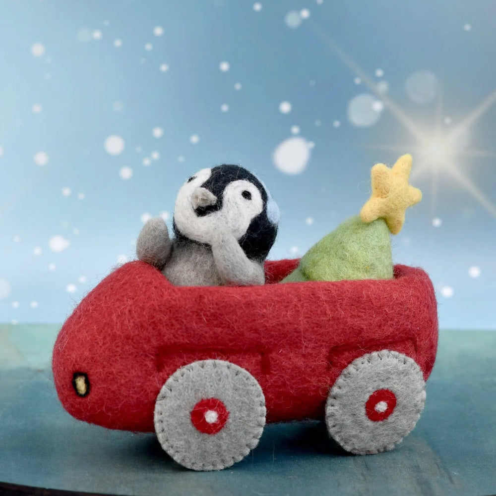 TARA TREASURES FELT PENGUIN IN TOY CAR WITH CHRISTMAS TREE