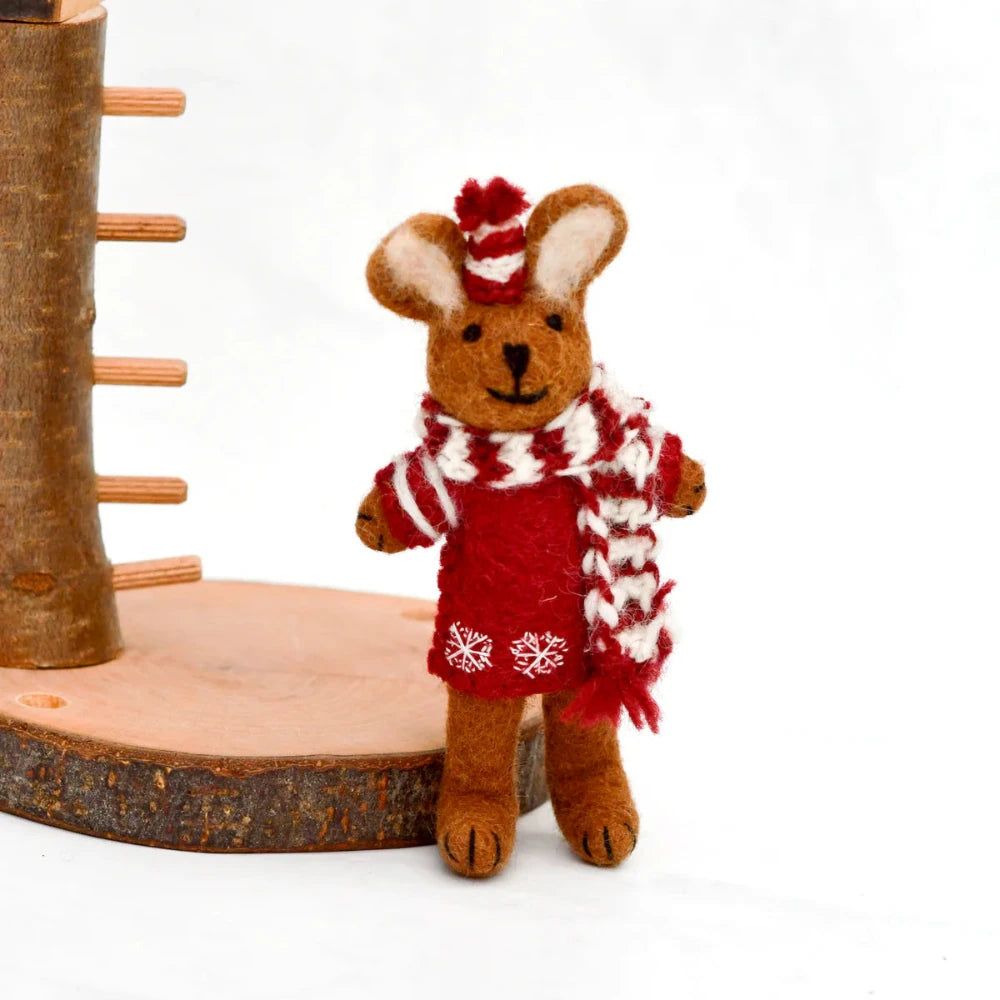TARA TREASURES FELT BROWN HARE RABBIT WITH RED SWEATER