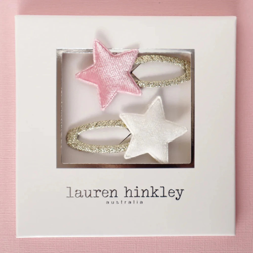 LAUREN HINKLEY PINK AND WHITE VELVET STAR HAIR CLIPS
