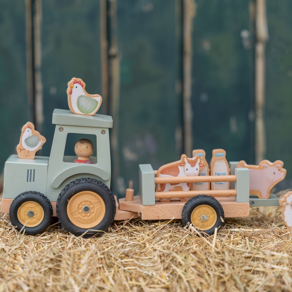 LITTLE DUTCH LITTLE FARM WOODEN TRACTOR WITH TRAILER