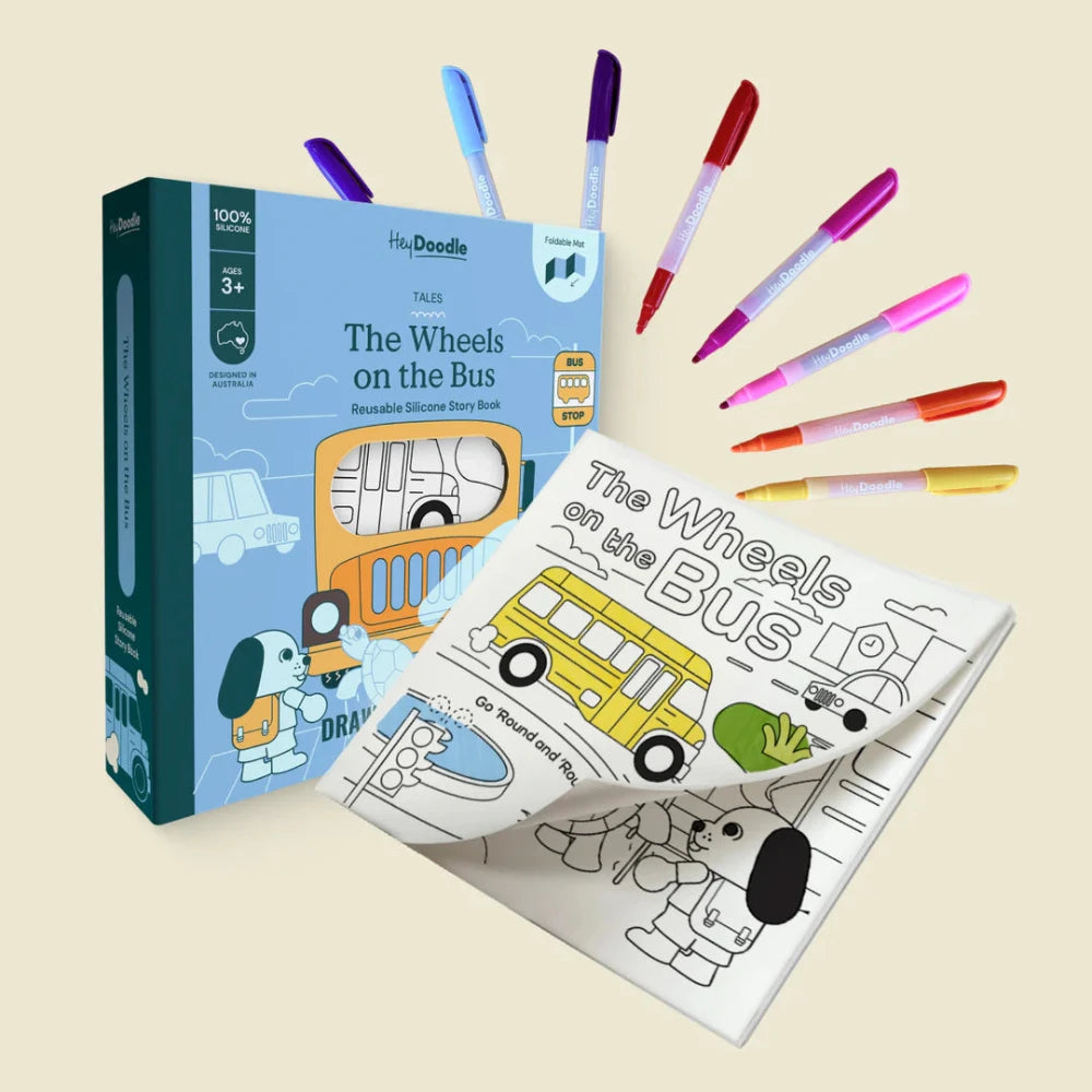 HEY DOODLE THE WHEELS ON THE BUS TALES REUSABLE COLOURING BOOK