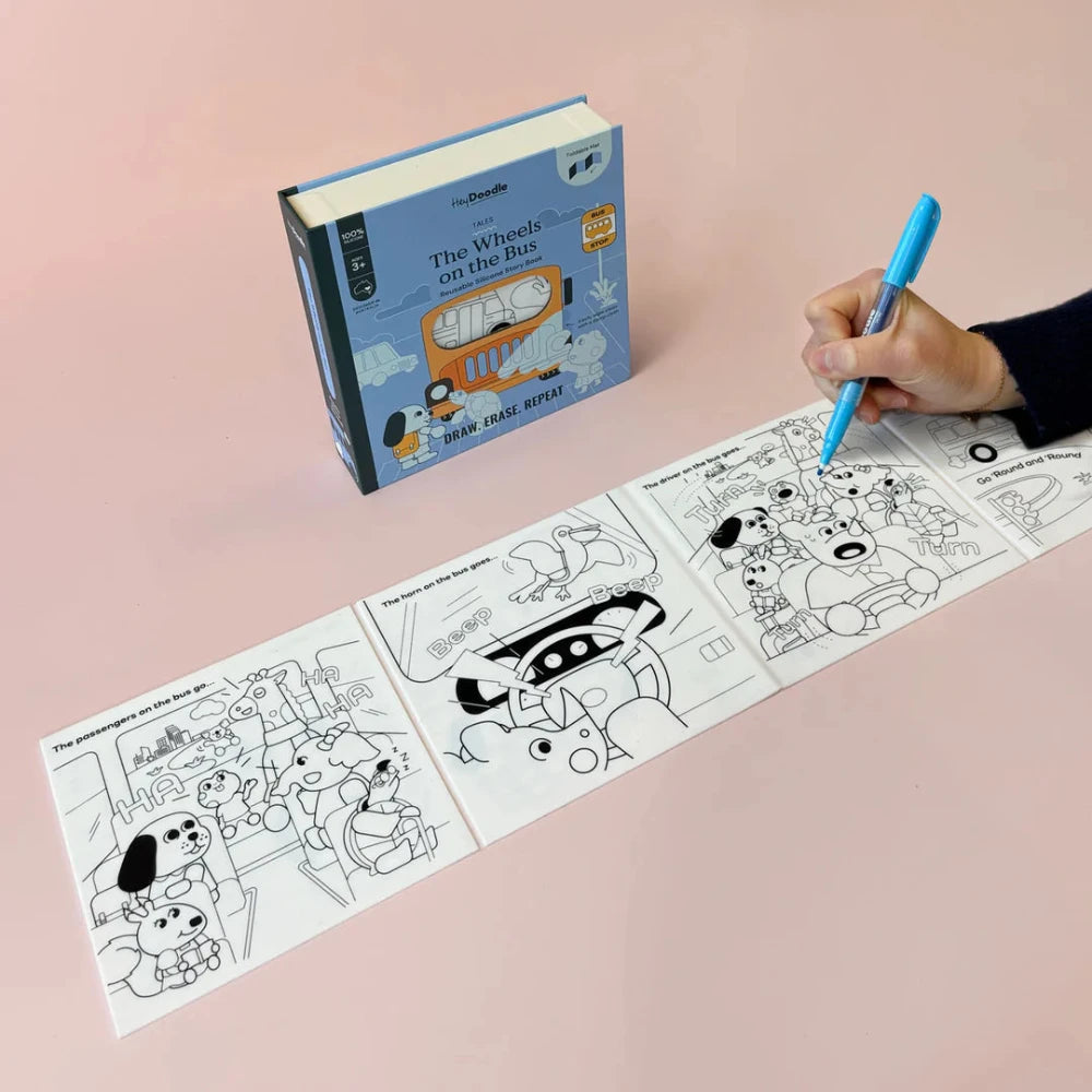 HEY DOODLE THE WHEELS ON THE BUS TALES REUSABLE COLOURING BOOK