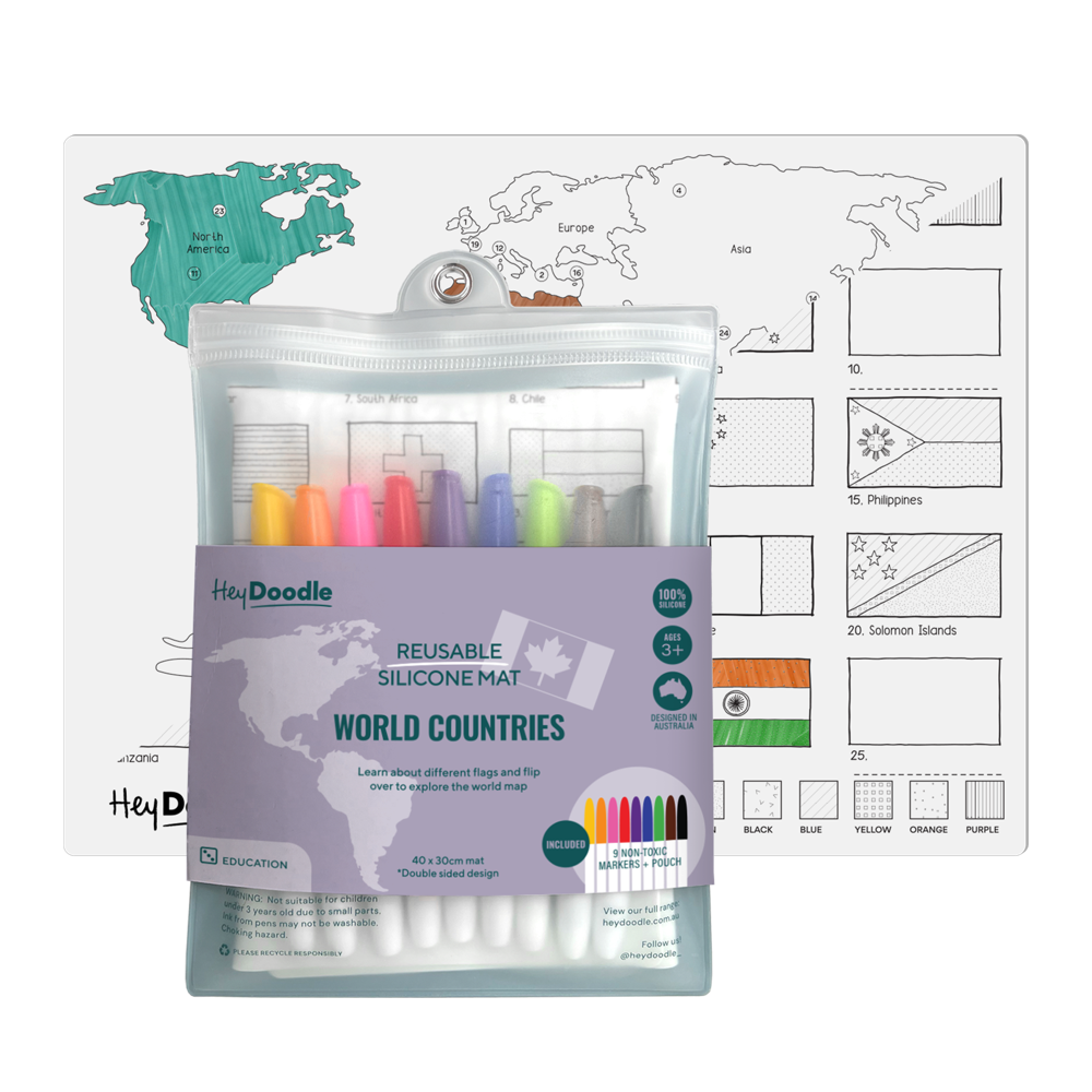 HEY DOODLE PLACEMAT WORLD COUNTRIES