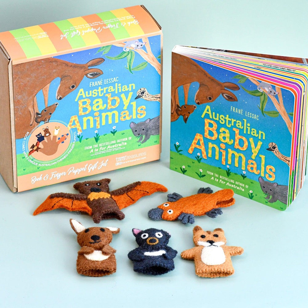 TARA TREASURES FELT AUSTRALIAN BABY ANIMALS FINGER PUPPETS AND BOOK SET BY FRANÉ LESSAC