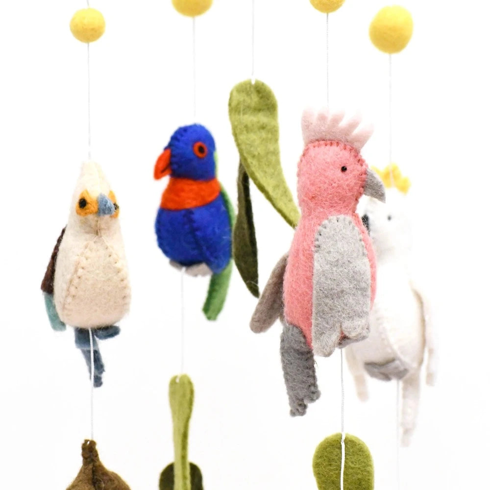 TARA TREASURES FELT BABY COT MOBILE HANGING AUSTRALIAN BIRDS