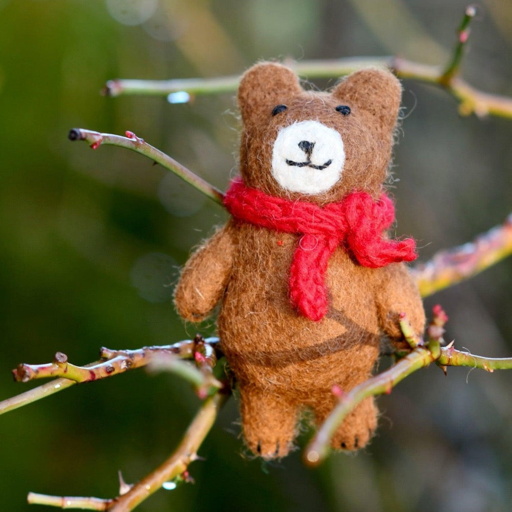 FELT BROWN BEAR WITH RED SCARF