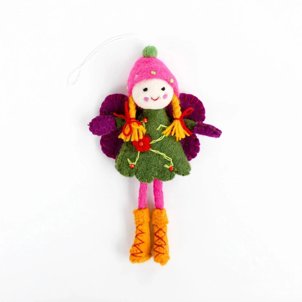 TARA TREASURES FELT FAIRY GREEN DRESS PURPLE WINGS