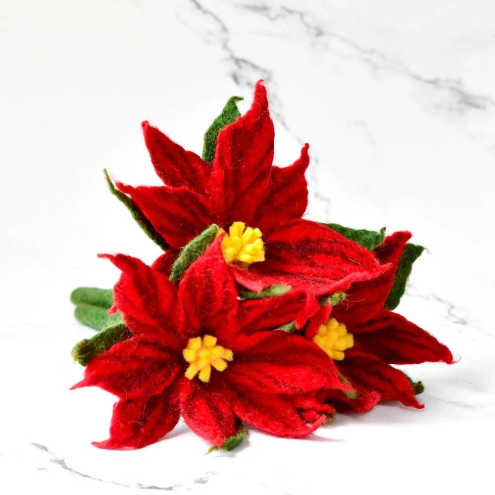 TARA TREASURES FELT RED POINSETTIA FLOWERS SET OF 3