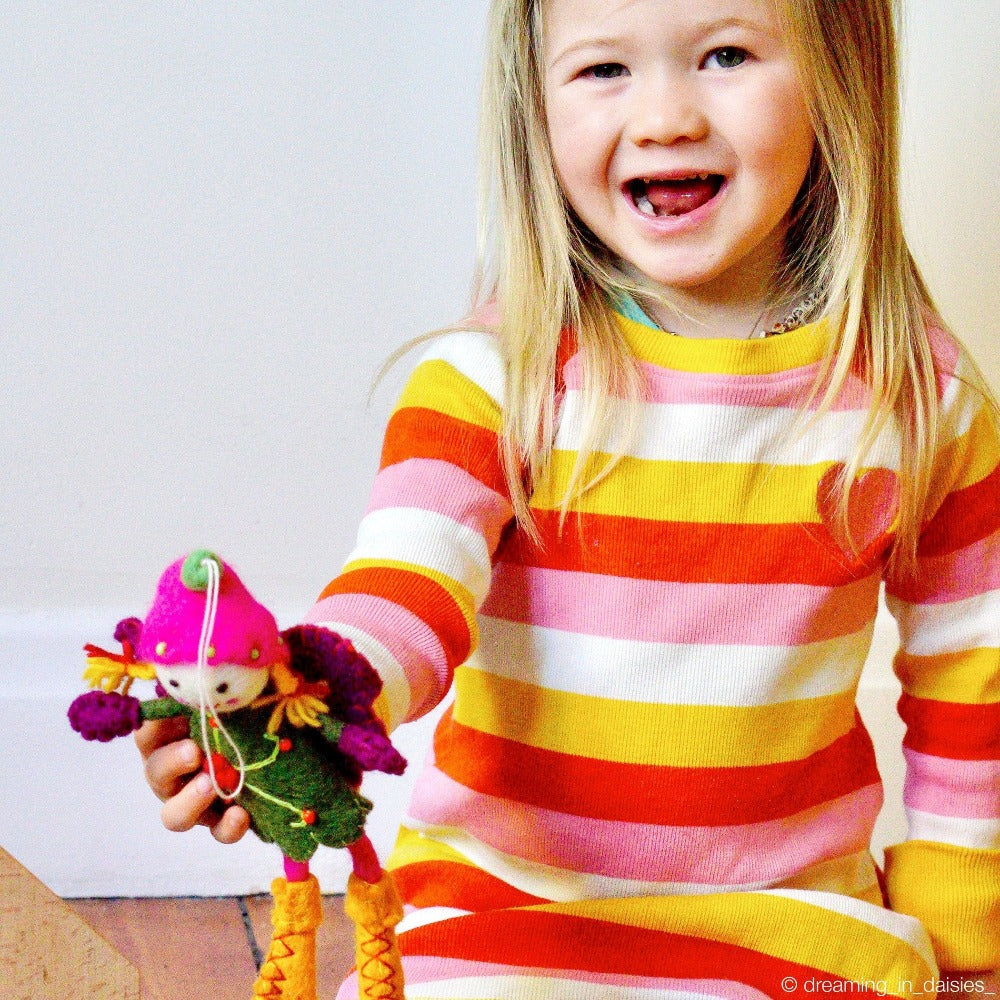 TARA TREASURES FELT FAIRY GREEN DRESS PURPLE WINGS
