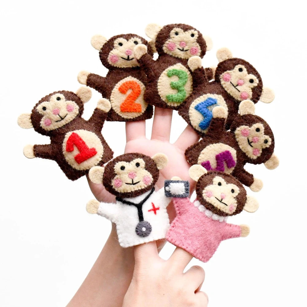 TARA TREASURES FELT FINGER PUPPET SET 5 LITTLE MONKEYS