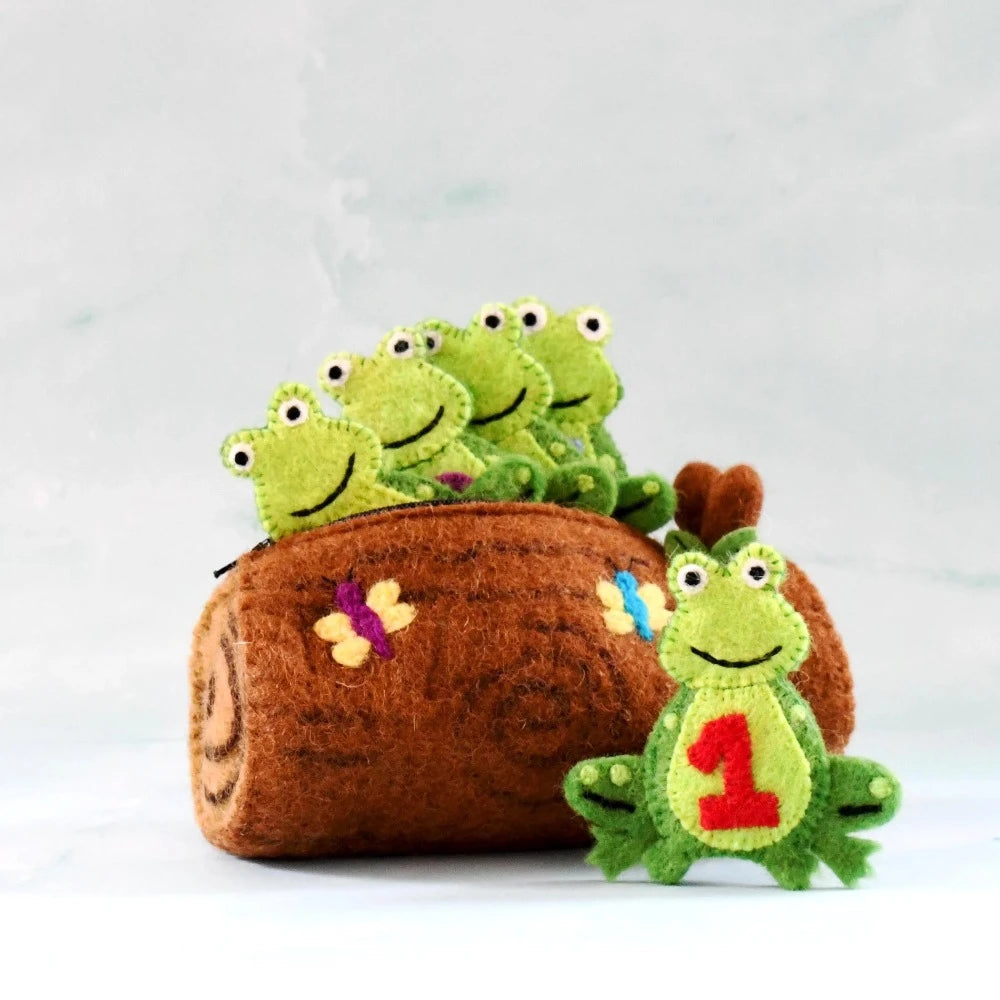 TARA TREASURES FELT 5 LITTLE SPECKLED FROGS WITH LOG BAG