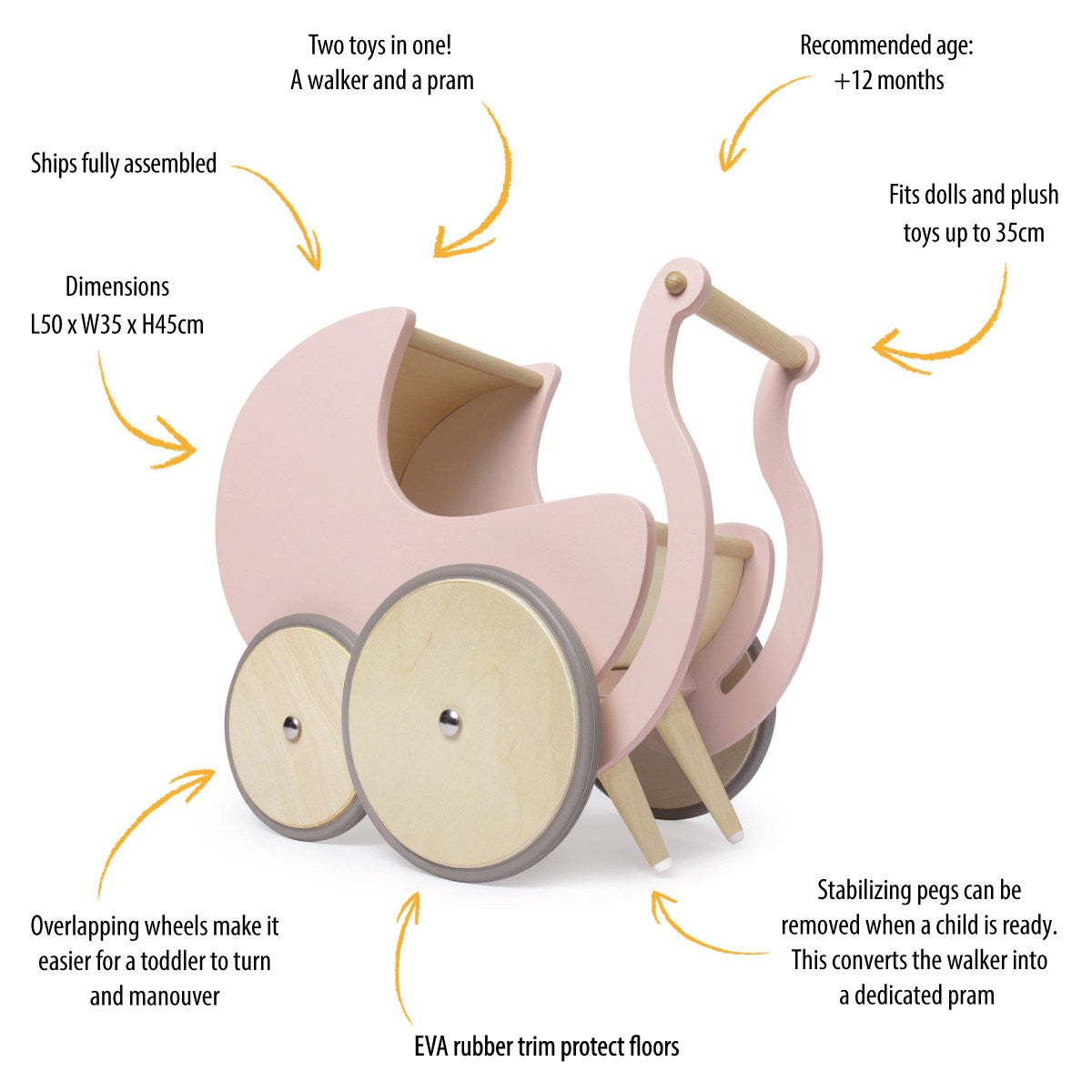 WALKER PRAM WOODEN ROSE KINDERFEETS