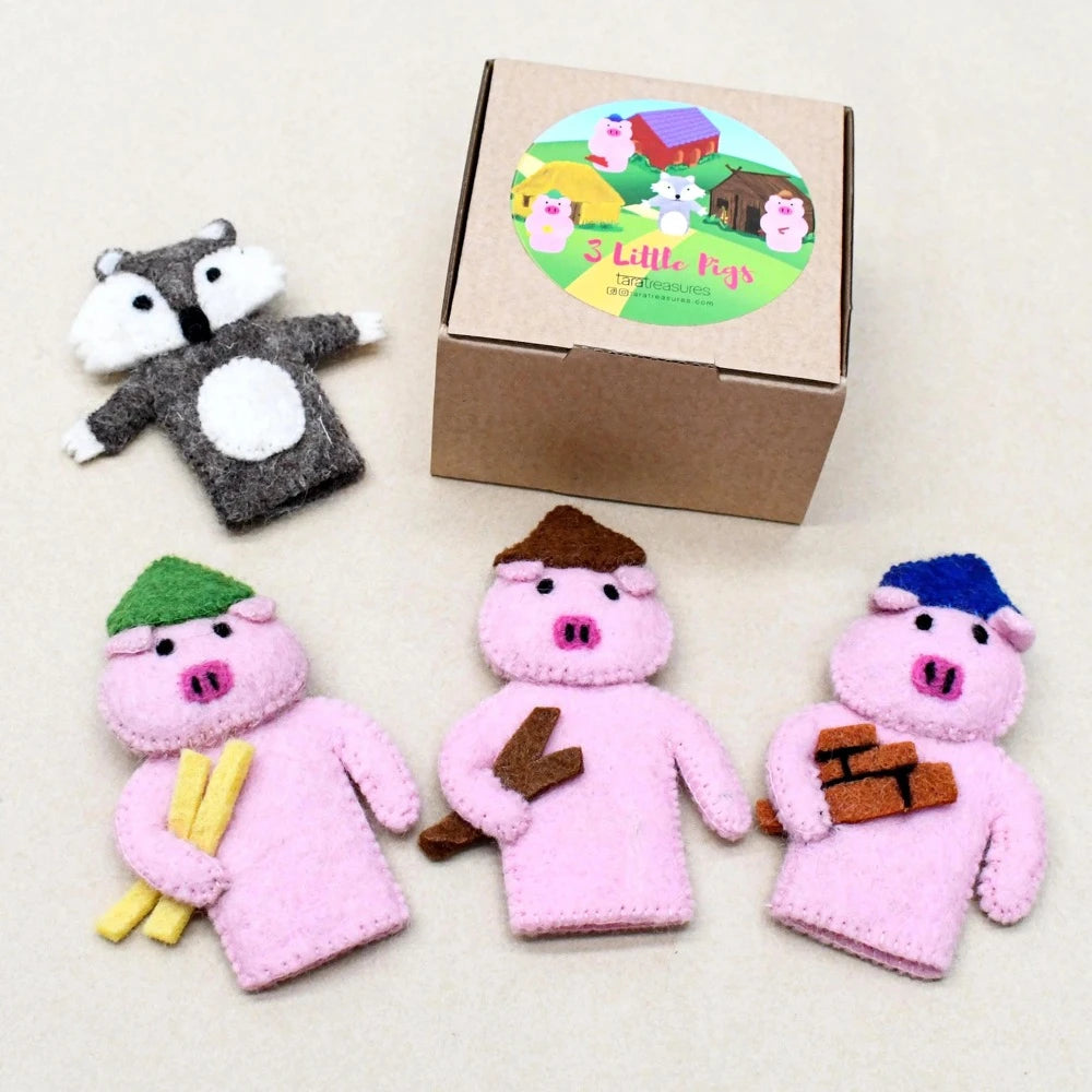 TARA TREASURES FELT FINGER PUPPET SET 3 LITTLE PIGS SET OF 4